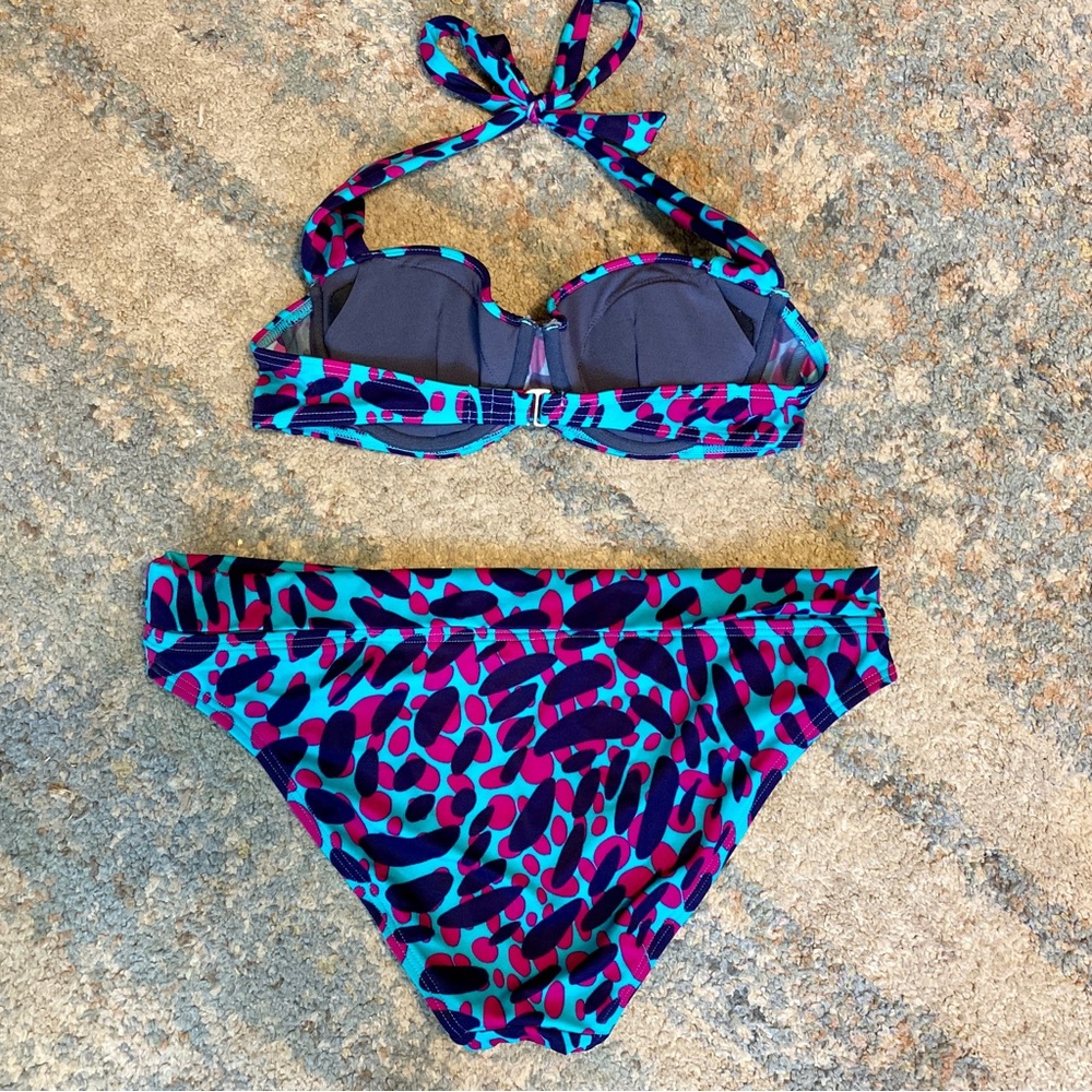 VS Bikini Set Halter Top Padded Push Up 34A Full Bottom M Navy Aqua Pink Spots - Picture 2 of 8